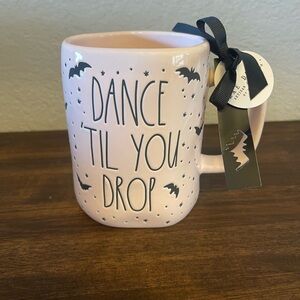 Rae Dunn mug Halloween Dance Till You Drop pink mug with bats‎ & skeleton